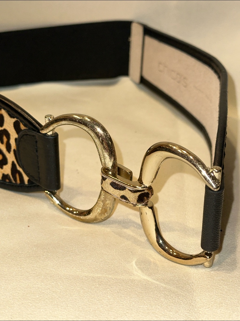 Chico's Leopard-Print Calf Leather Belt with Gold Double Ring Interlock Buckle S - Picture 4 of 9